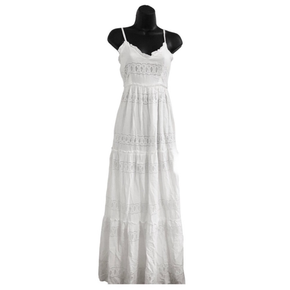Jessica Simpson White Crochet Ruffle Tier Eyelet Spaghetti Strap Maxi Dress